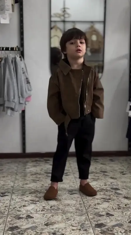 Boys Stylish Winter Look – Premium Brown Suede Jacket with Black Trousers & Matching Loafers